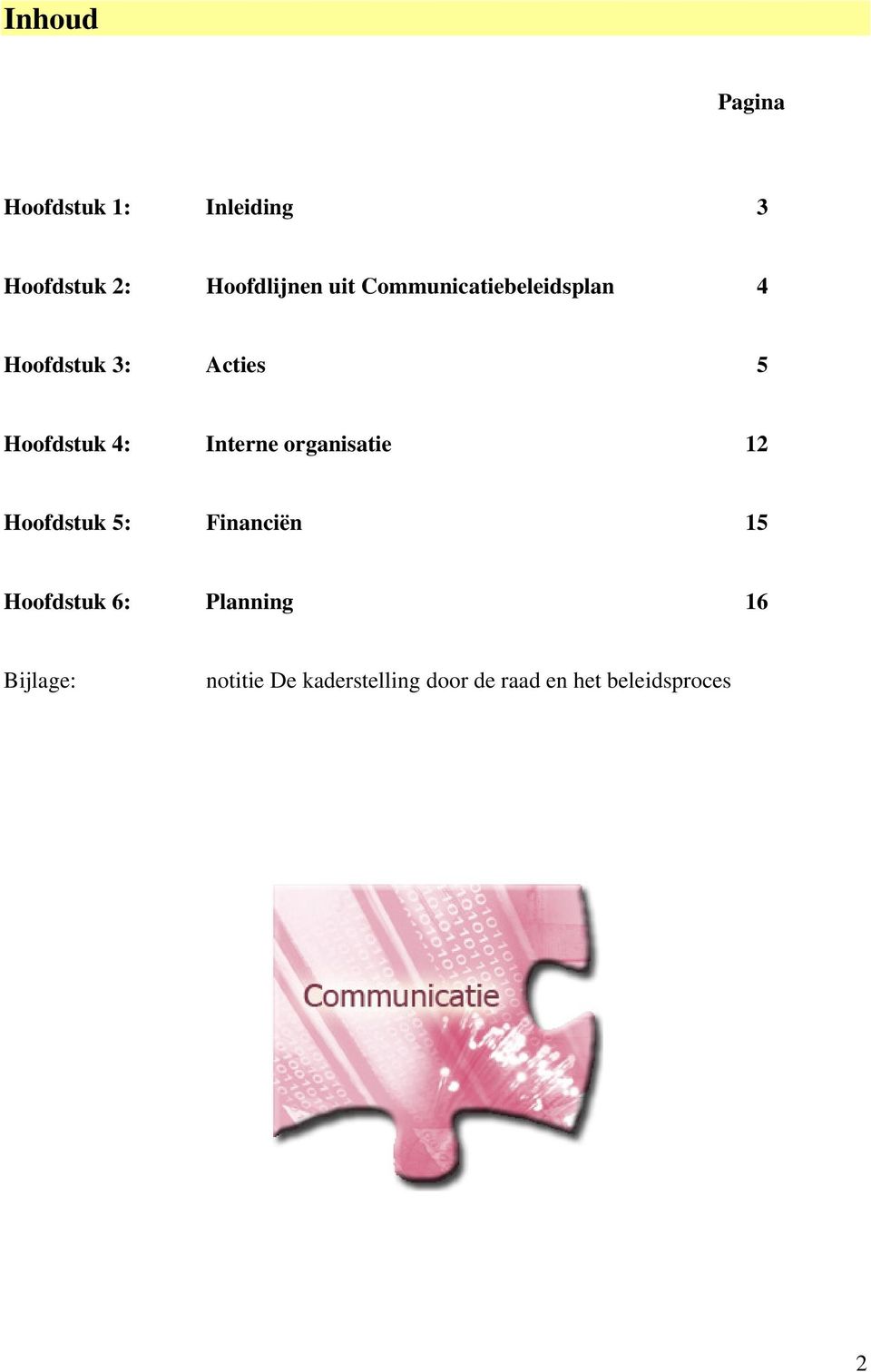 Interne organisatie 12 Hoofdstuk 5: Financiën 15 Hoofdstuk 6: