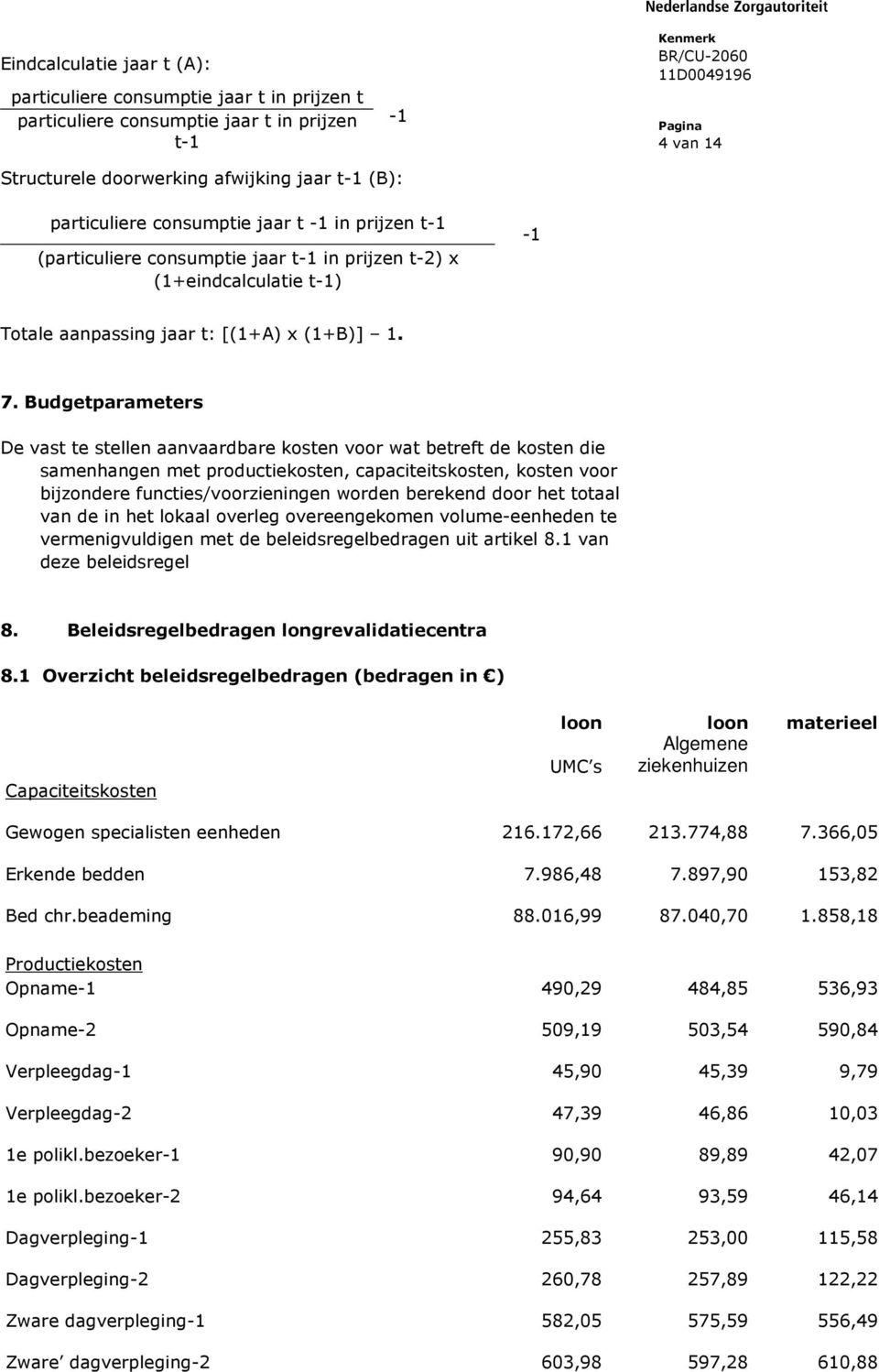 Budgetparameters De vast te stellen aanvaardbare kosten voor wat betreft de kosten die samenhangen met productiekosten, capaciteitskosten, kosten voor bijzondere functies/voorzieningen worden