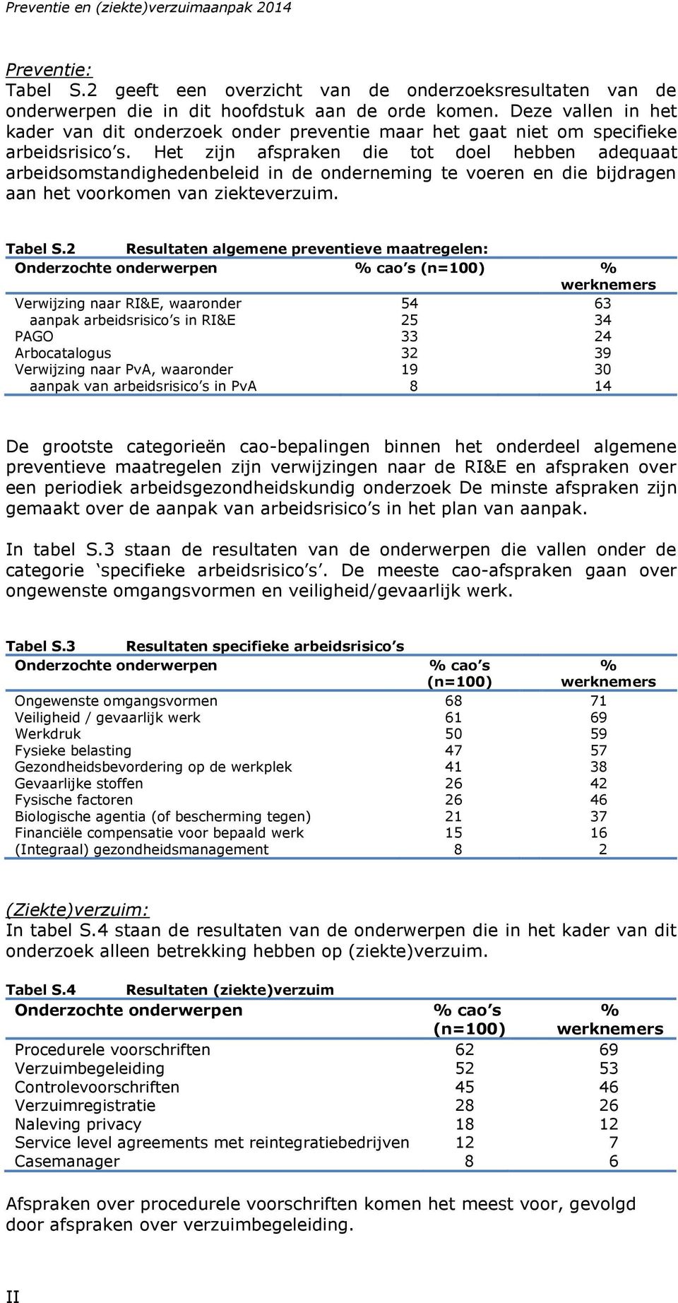 Het zijn afspraken die tot doel hebben adequaat arbeidsomstandighedenbeleid in de onderneming te voeren en die bijdragen aan het voorkomen van ziekteverzuim. Tabel S.