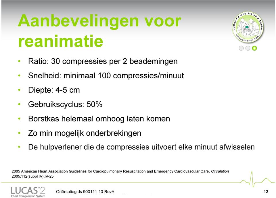 hulpverlener die de compressies uitvoert elke minuut afwisselen 2005 American Heart Association Guidelines for