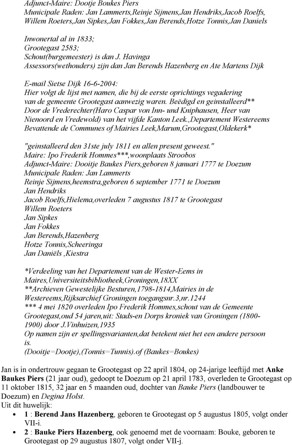 Havinga Assessors(wethouders) zijn dan Jan Berends Hazenberg en Ate Martens Dijk E-mail Sietse Dijk 16-6-2004: Hier volgt de lijst met namen, die bij de eerste oprichtings vegadering van de gemeente