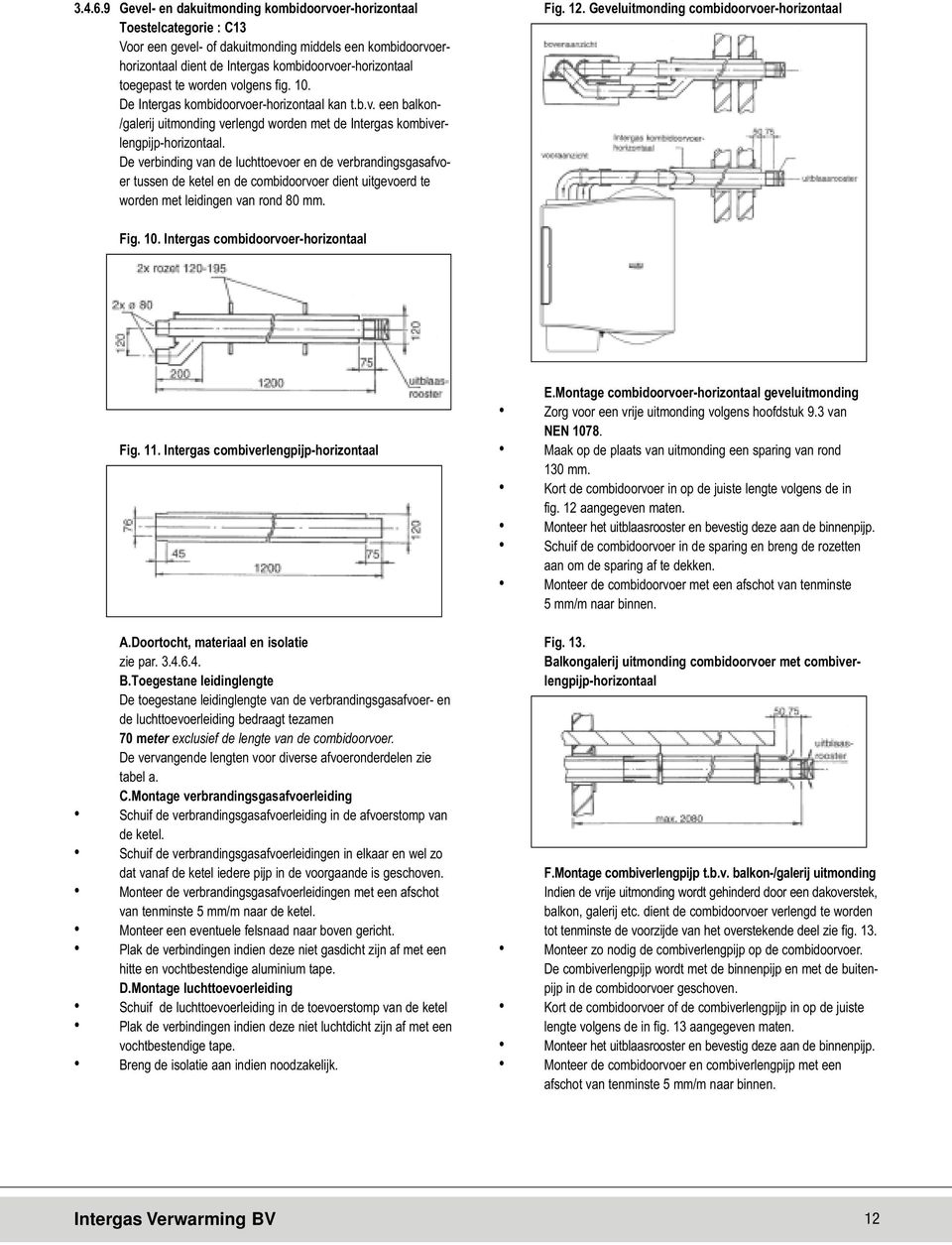 te worden volgens fig. 10. De Intergas kombidoorvoer-horizontaal kan t.b.v. een balkon- /galerij uitmonding verlengd worden met de Intergas kombiverlengpijp-horizontaal.