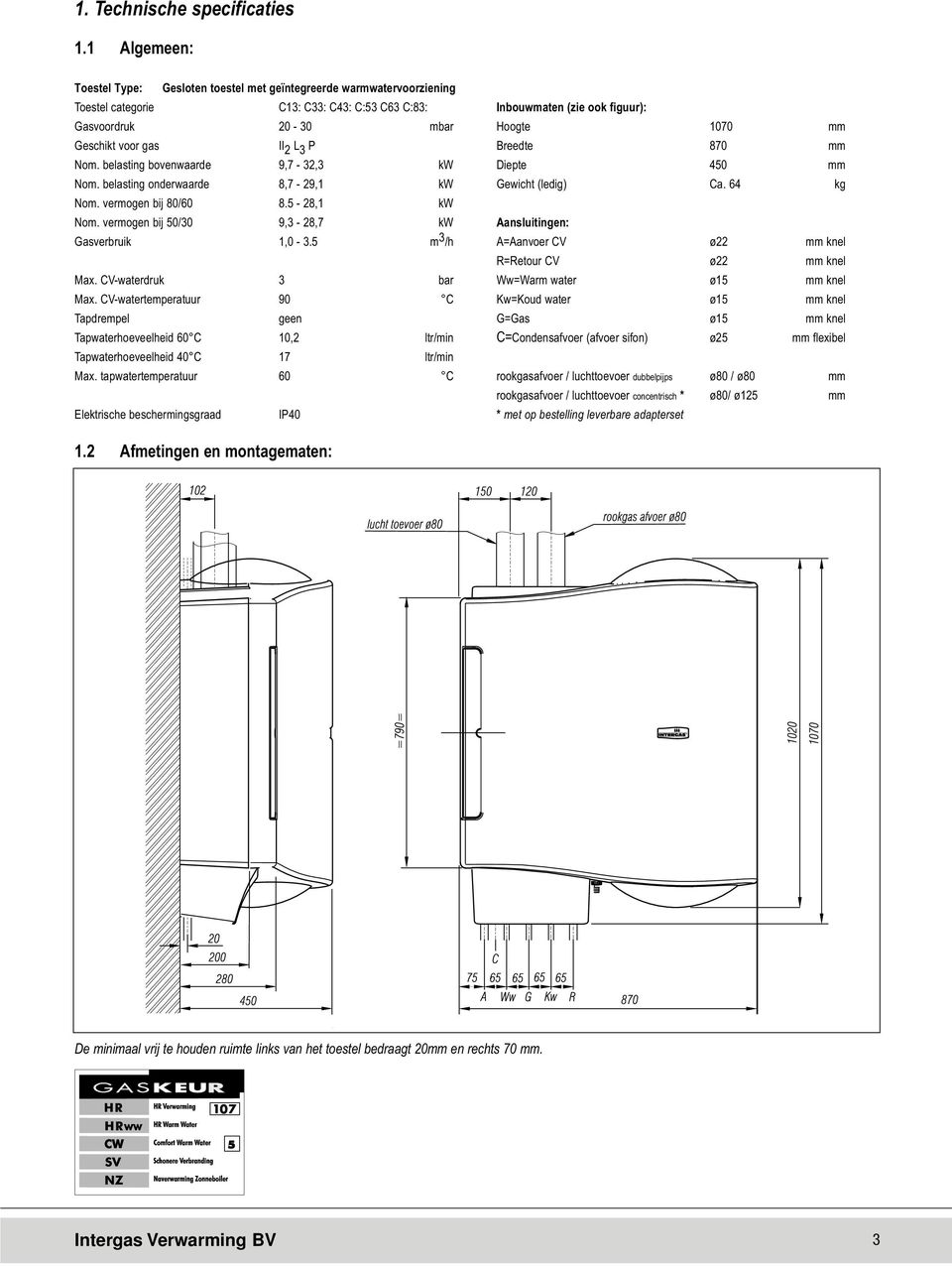 Geschikt voor gas II 2 L 3 P Breedte 870 mm Nom. belasting bovenwaarde 9,7-32,3 kw Diepte 450 mm Nom. belasting onderwaarde 8,7-29,1 kw Gewicht (ledig) Ca. 64 kg Nom. vermogen bij 80/60 8.