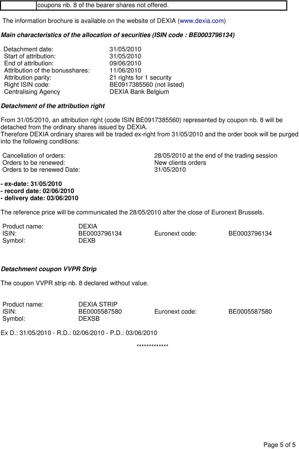 11/06/2010 Attribution parity: 21 rights for 1 security Right ISIN code: BE0917385560 (not listed) Centralising Agency Bank Belgium Detachment of the attribution right From 31/05/2010, an attribution