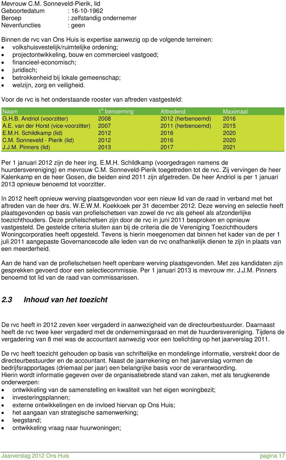 Voor de rvc is het onderstaande rooster van aftreden vastgesteld: Naam 1 e benoeming Aftredend Maximaal G.H.B. Andriol (voorzitter) 2008 2012 (herbenoemd) 2016 A.E.