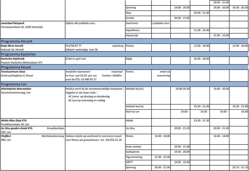 Aarschotsesteenweg, Lier tijdens. 014/58.97.77 waarborg lidkaart: eenmalige kost 5 Fatburning 20.00-21.00 Spinning 19.00-20.00 19.00-20.00 19.30-20.30 Step 20.00-21.00 Zumba 20.00-21.00 Zwemmen 9.