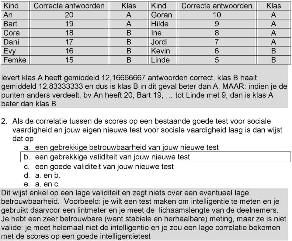 beter dan klas B.. Als de correlate tussen de scores op een bestaande goede test voor socale vaardghed en jouw egen neuwe test voor socale vaardghed laag s dan wjst dat op a.