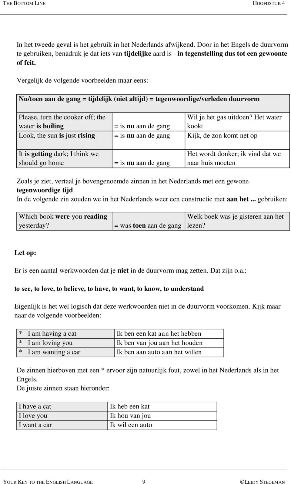 Vergelijk de volgende voorbeelden maar eens: Nu/toen aan de gang = tijdelijk (niet altijd) = tegenwoordige/verleden duurvorm Please, turn the cooker off; the Wil je het gas uitdoen?