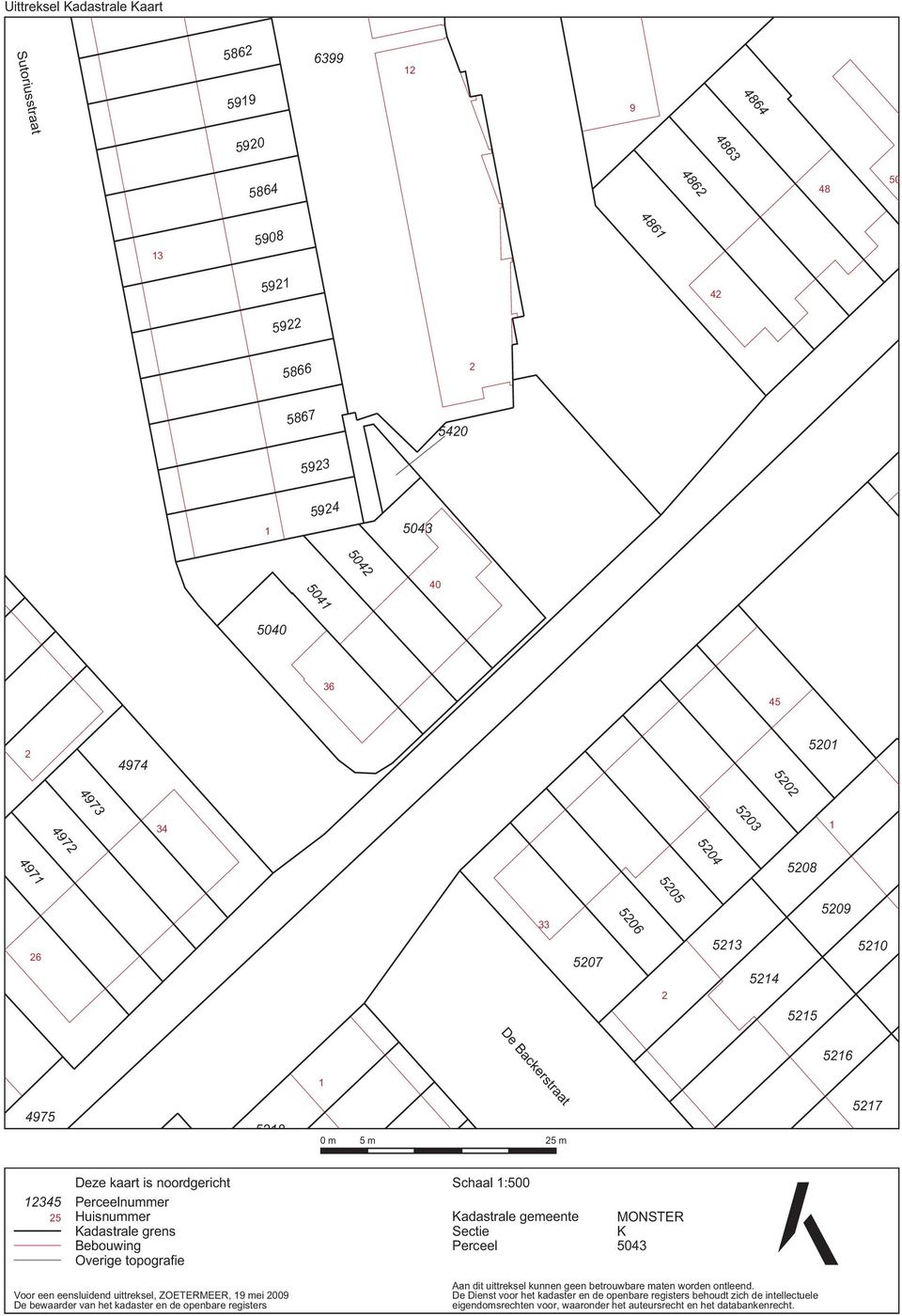 Kadastrale grens Bebouwing Overige topografie Schaal 1:500 Kadastrale gemeente Sectie Perceel MONSTER K 5043 Voor een eensluidend uittreksel, ZOETERMEER, 19 mei 2009 De bewaarder van het kadaster en