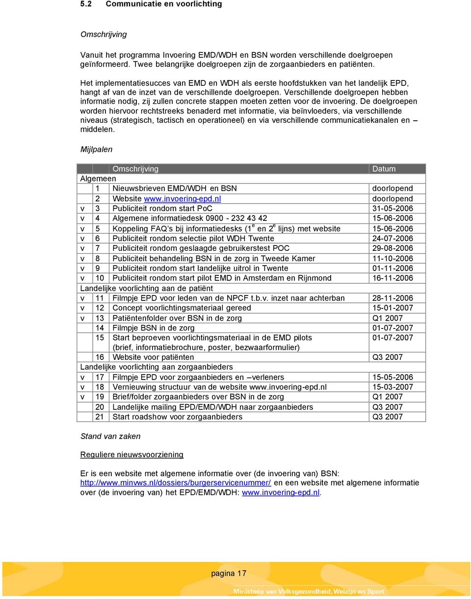 Verschillende doelgroepen hebben informatie nodig, zij zullen concrete stappen moeten zetten voor de invoering.