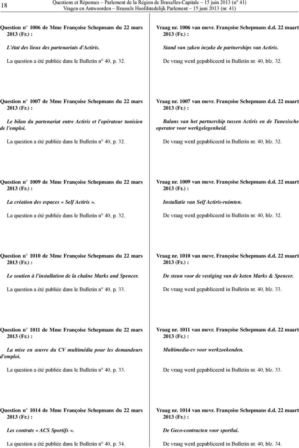 ) : Stand van zaken inzake de partnerships van Actiris. De vraag werd gepubliceerd in Bulletin nr. 40, blz. 32. Question n 1007 de Mme Françoise Schepmans du 22 mars 2013 (Fr.