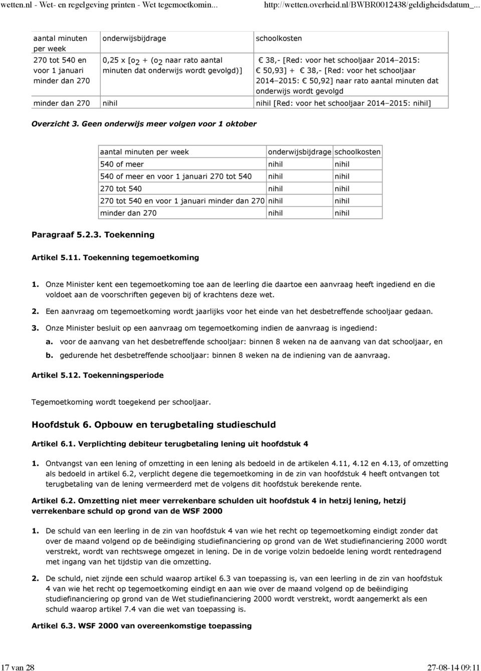 nihil] Overzicht Geen onderwijs meer volgen voor 1 oktober aantal minuten per week onderwijsbijdrage schoolkosten 540 of meer nihil nihil 540 of meer en voor 1 januari 270 tot 540 nihil nihil 270 tot