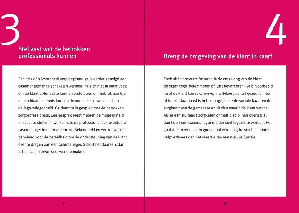 Ga daarom in gesprek met de betrokken zorgprofessionals. Een gesprek biedt meteen de mogelijkheid om vast te stellen in welke mate de professional een eventuele casemanager kent en vertrouwt.