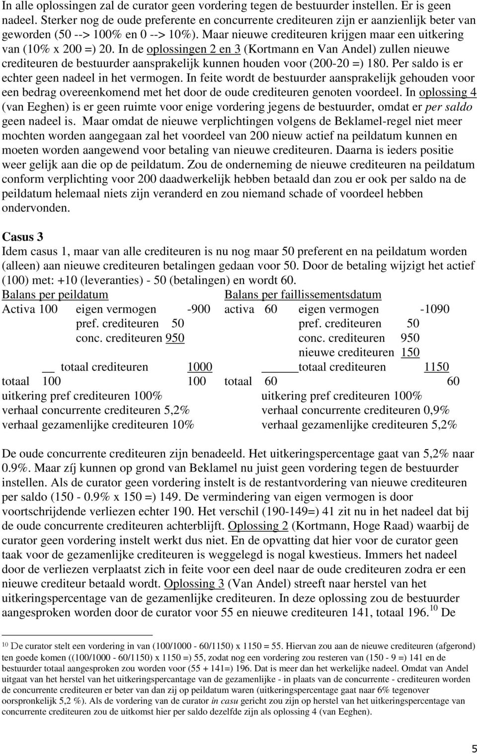 In de oplossingen 2 en 3 (Kortmann en Van Andel) zullen nieuwe crediteuren de bestuurder aansprakelijk kunnen houden voor (200-20 =) 180. Per saldo is er echter geen nadeel in het vermogen.