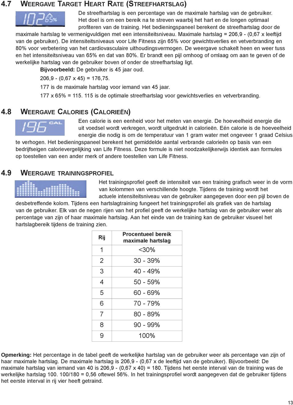 Het bedieningspaneel berekent de streefhartslag door de maximale hartslag te vermenigvuldigen met een intensiteitsniveau. Maximale hartslag = 206,9 - (0,67 x leeftijd van de gebruiker).