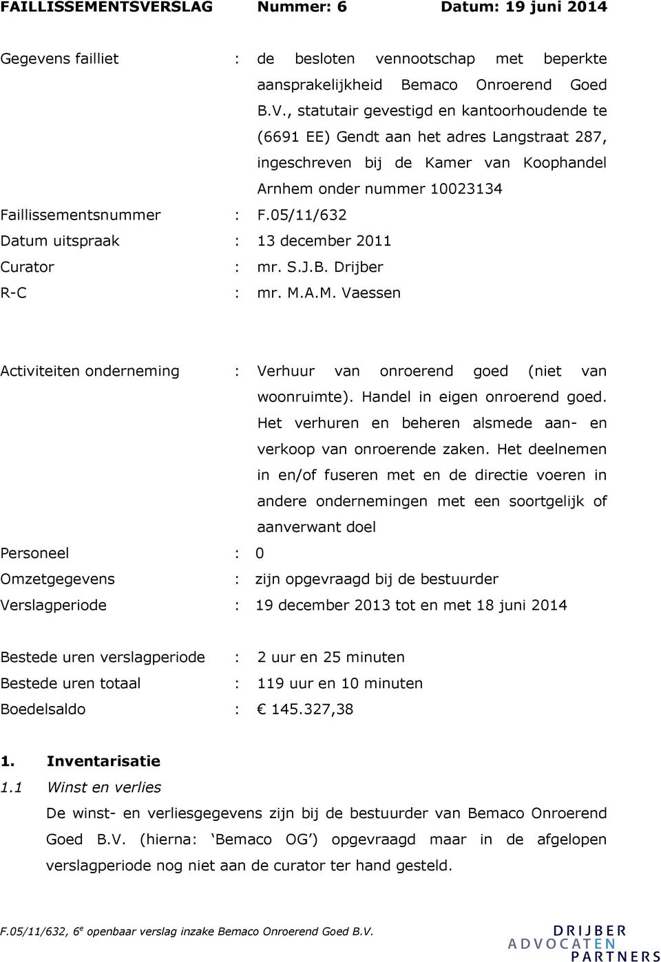 , statutair gevestigd en kantoorhoudende te (6691 EE) Gendt aan het adres Langstraat 287, ingeschreven bij de Kamer van Koophandel Arnhem onder nummer 10023134 Faillissementsnummer : F.