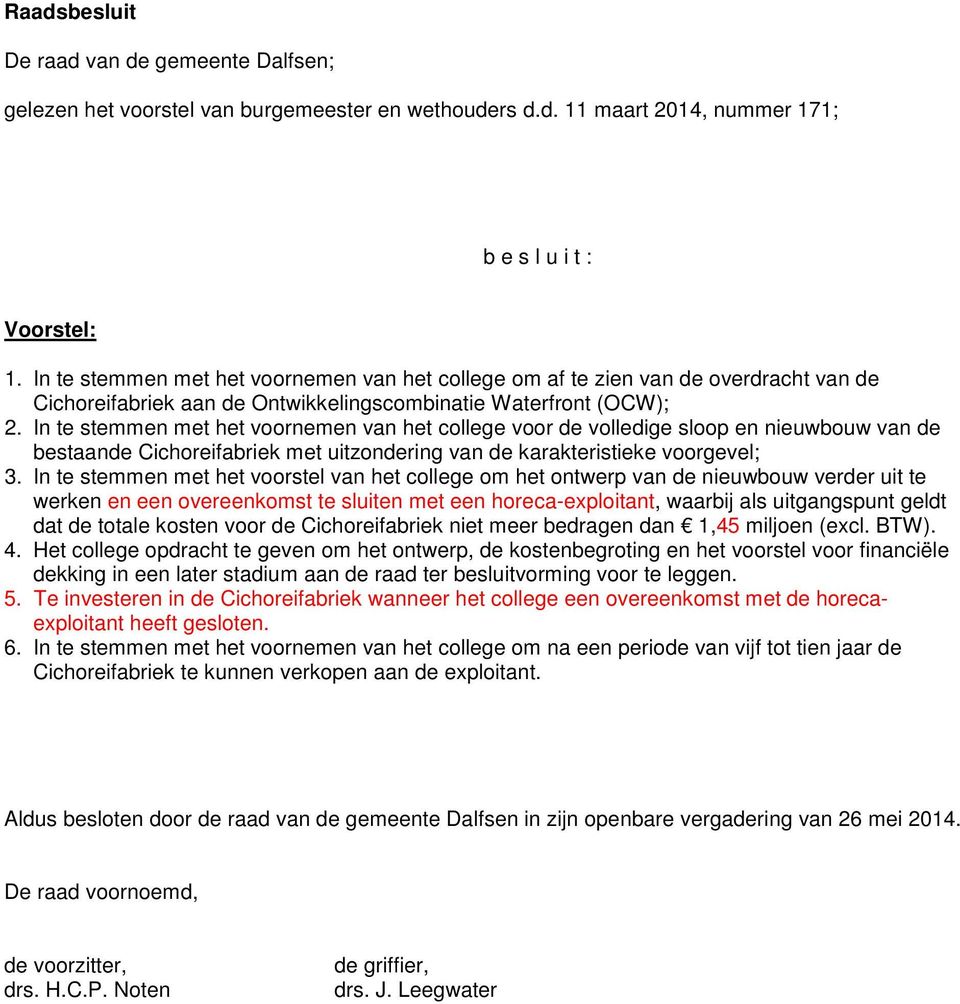 In te stemmen met het voornemen van het college voor de volledige sloop en nieuwbouw van de bestaande Cichoreifabriek met uitzondering van de karakteristieke voorgevel; 3.