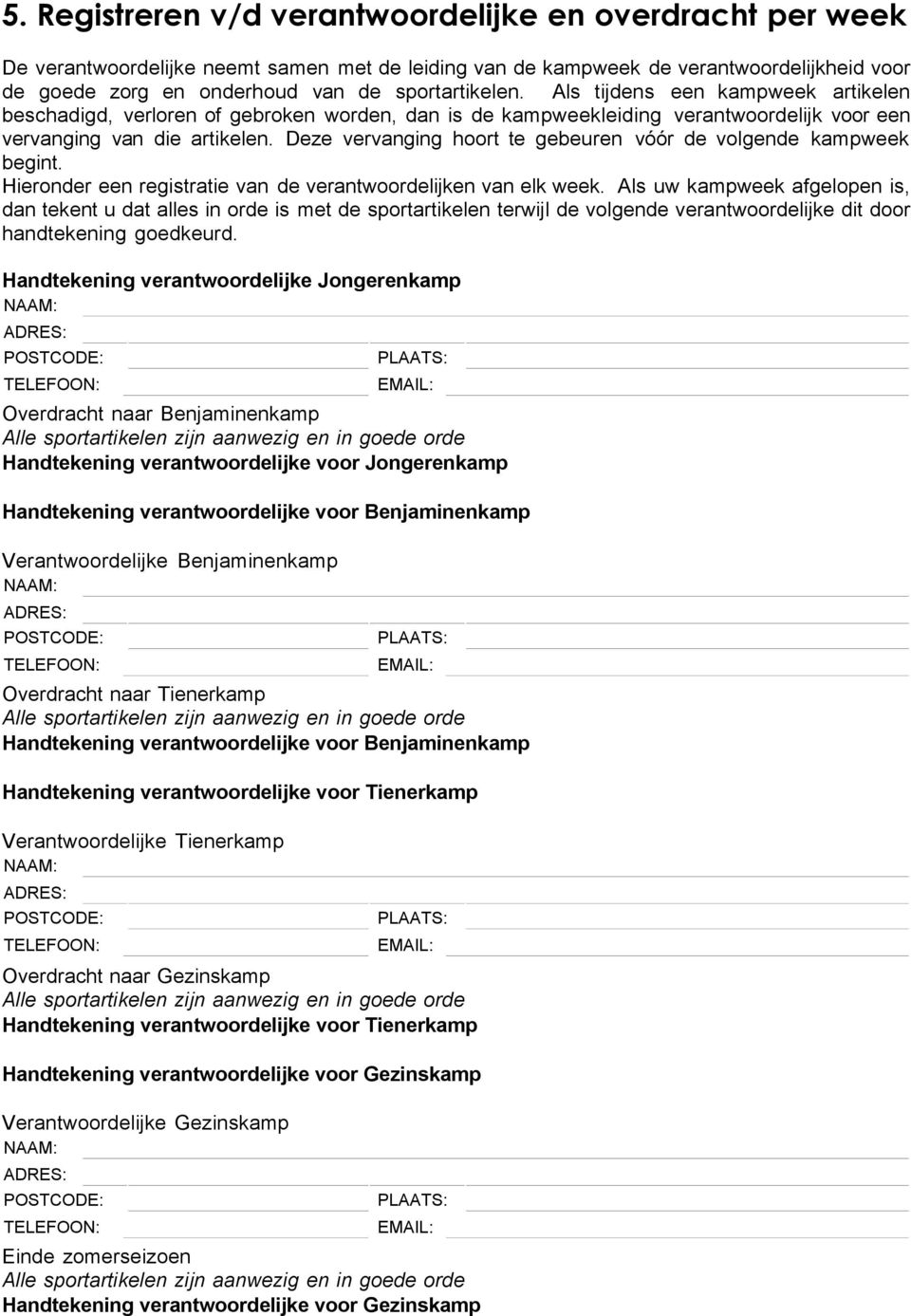 Deze vervanging hoort te gebeuren vóór de volgende kampweek begint. Hieronder een registratie van de verantwoordelijken van elk week.