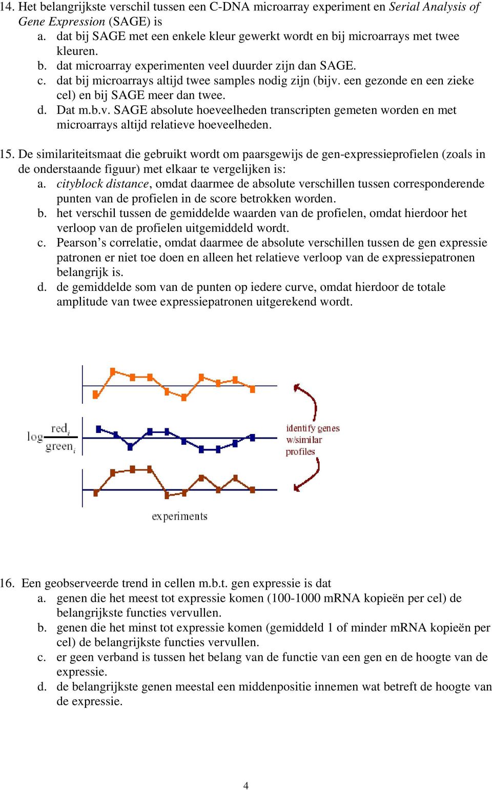 dat bij microarrays altijd twee samples nodig zijn (bijv. een gezonde en een zieke cel) en bij SAGE meer dan twee. d. Dat m.b.v. SAGE absolute hoeveelheden transcripten gemeten worden en met microarrays altijd relatieve hoeveelheden.