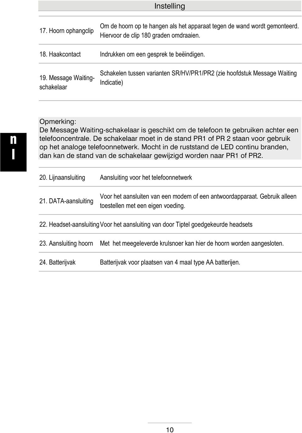 De schakeaar moet i de stad PR1 of PR 2 staa voor gebruik op het aaoge teefooetwerk. Mocht i de ruststad de LED cotiu brade, da ka de stad va de schakeaar gewijzigd worde aar PR1 of PR2. 20.