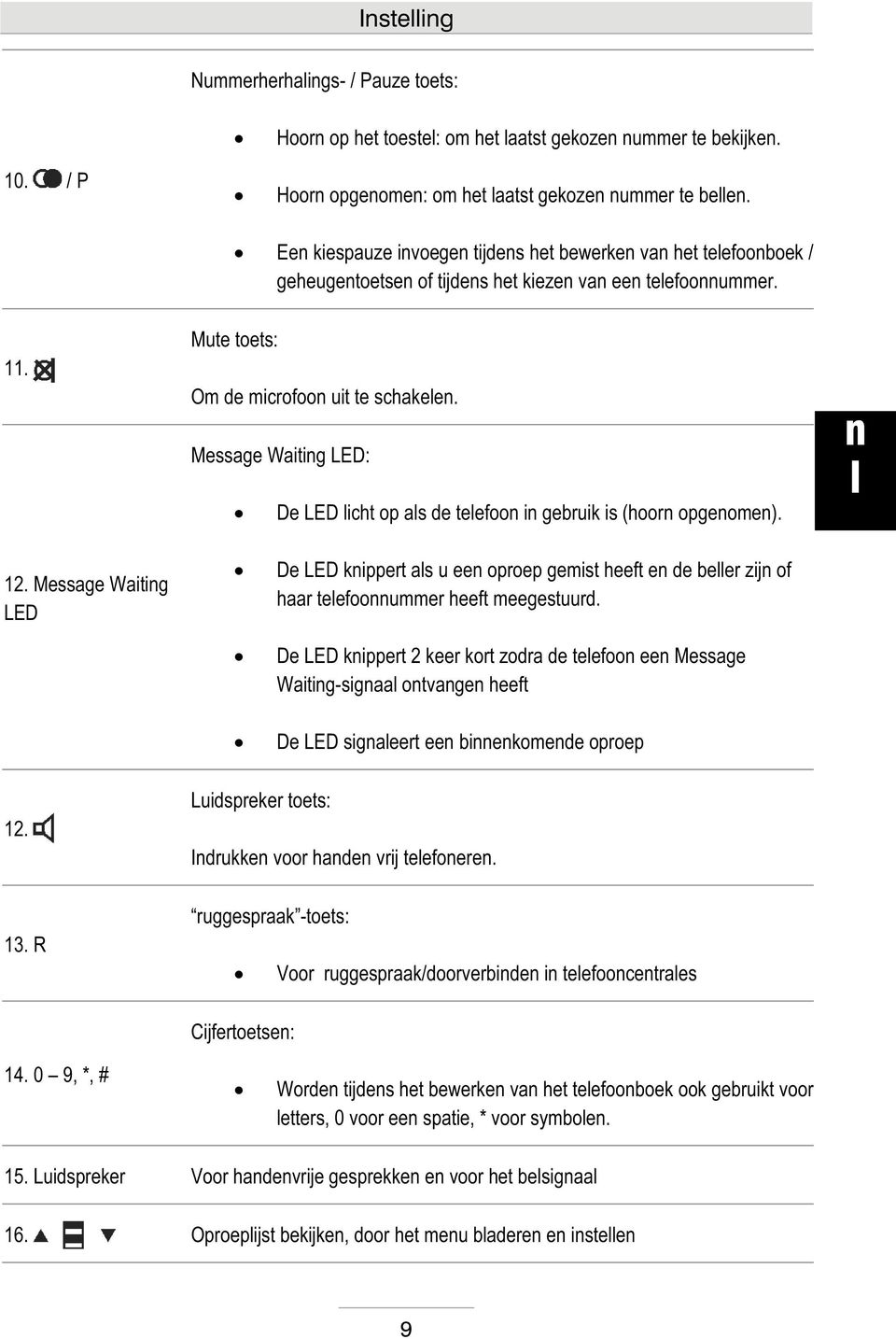 Message Waitig LED: De LED icht op as de teefoo i gebruik is (hoor opgeome). De LED kippert as u ee oproep gemist heeft e de beer zij of haar teefooummer heeft meegestuurd.