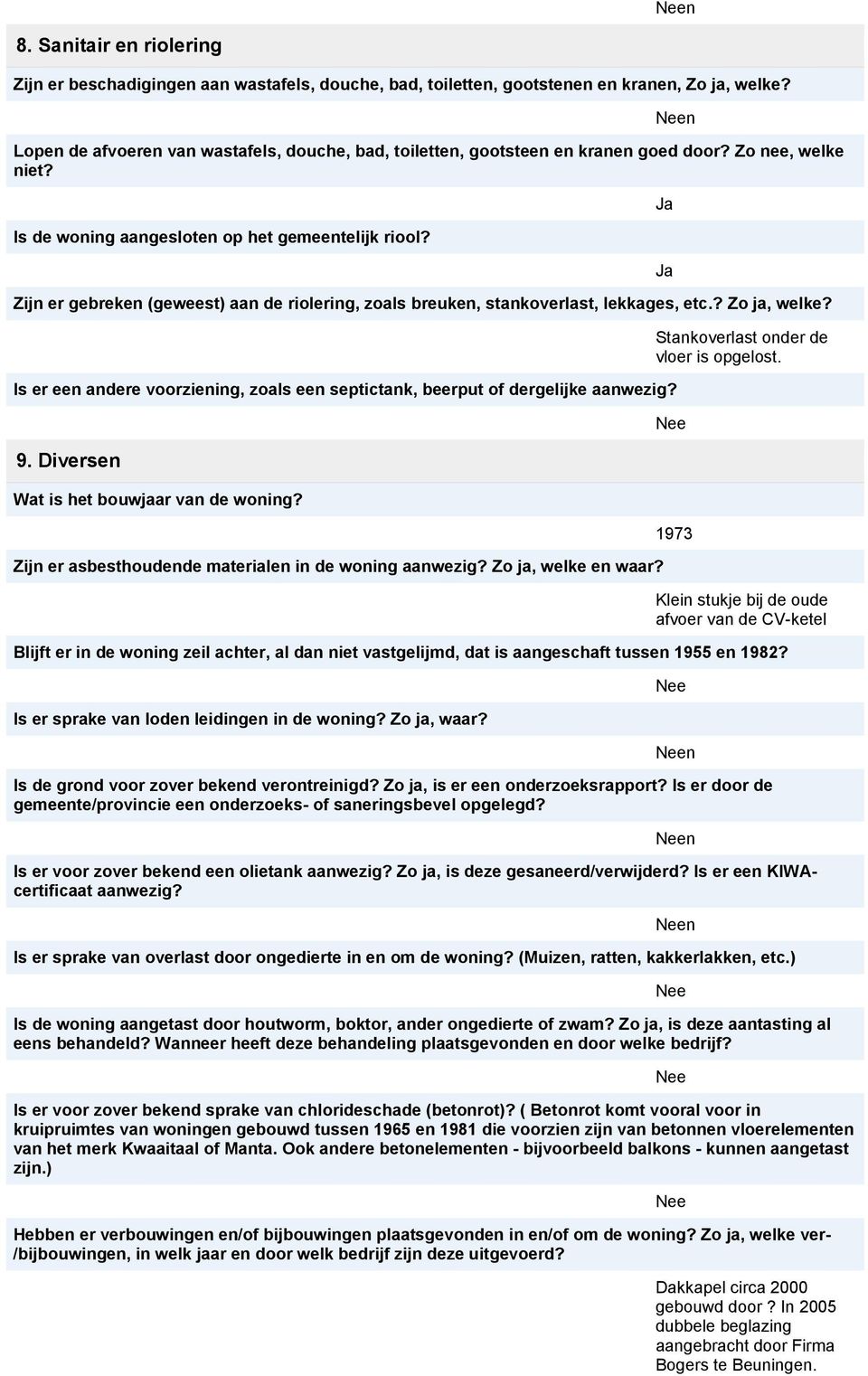 Zijn er gebreken (geweest) aan de riolering, zoals breuken, stankoverlast, lekkages, etc.? Zo ja, welke? Is er een andere voorziening, zoals een septictank, beerput of dergelijke aanwezig? 9.