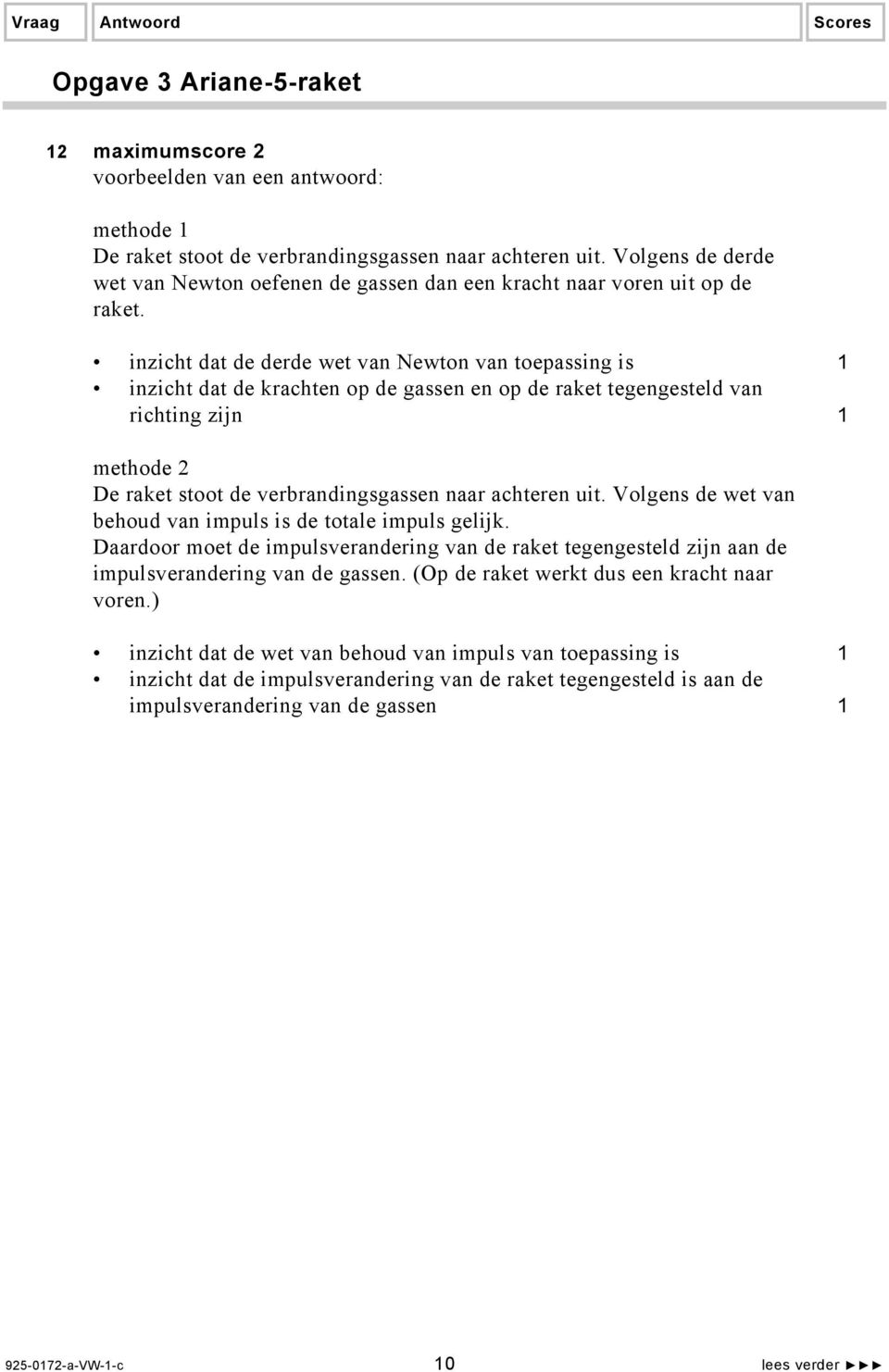 inzicht dat de derde wet van Newton van toepassing is inzicht dat de krachten op de gassen en op de raket tegengesteld van richting zijn methode De raket stoot de verbrandingsgassen naar achteren uit.