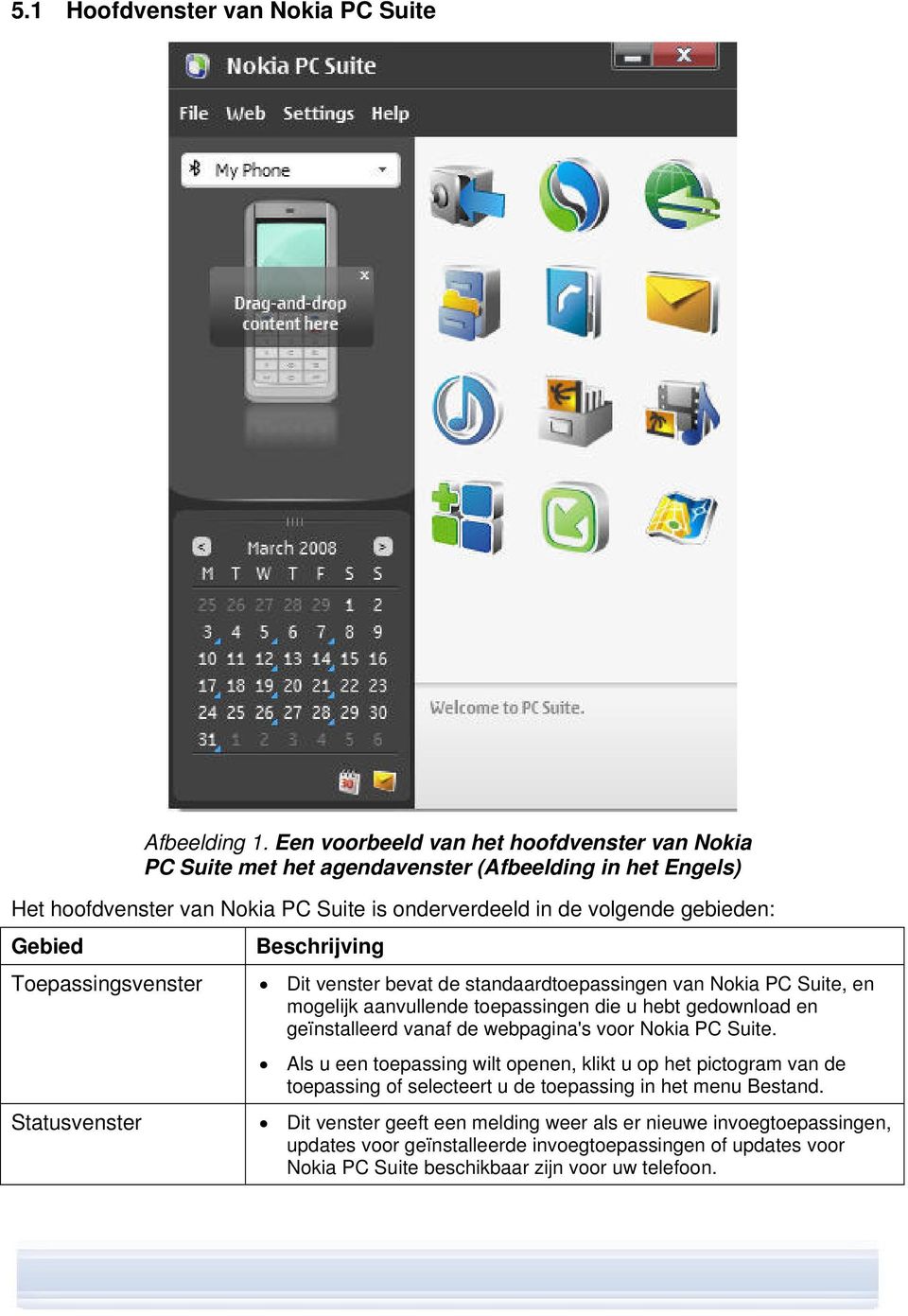Toepassingsvenster Statusvenster Beschrijving Dit venster bevat de standaardtoepassingen van Nokia PC Suite, en mogelijk aanvullende toepassingen die u hebt gedownload en geïnstalleerd vanaf de