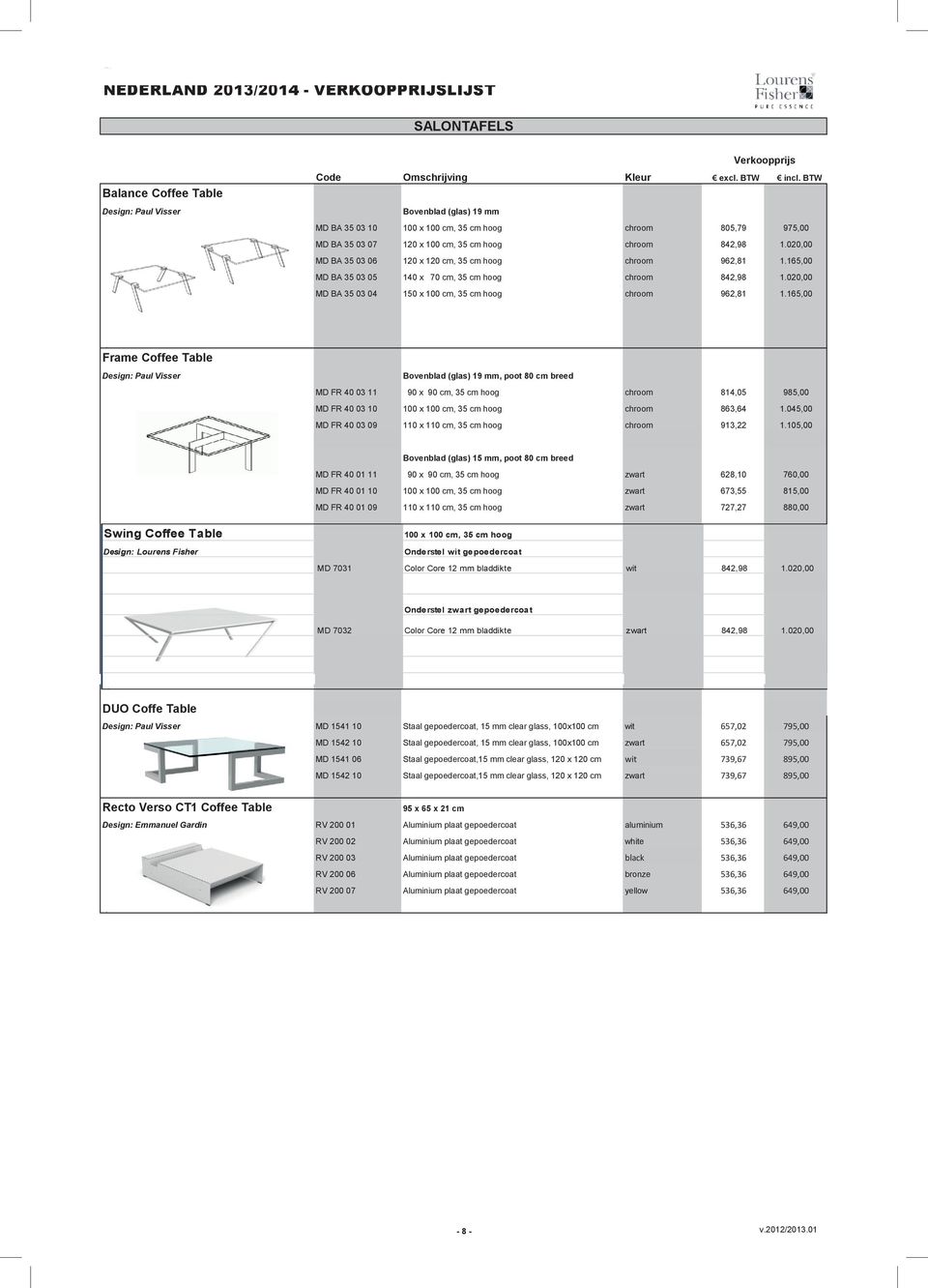 165,00 Frame Coffee Table Bovenblad (glas) 19 mm, poot 80 cm breed MD FR 40 03 11 90 x 90 cm, 35 cm hoog chroom 814,05 985,00 MD FR 40 03 10 100 x 100 cm, 35 cm hoog chroom 863,64 1.