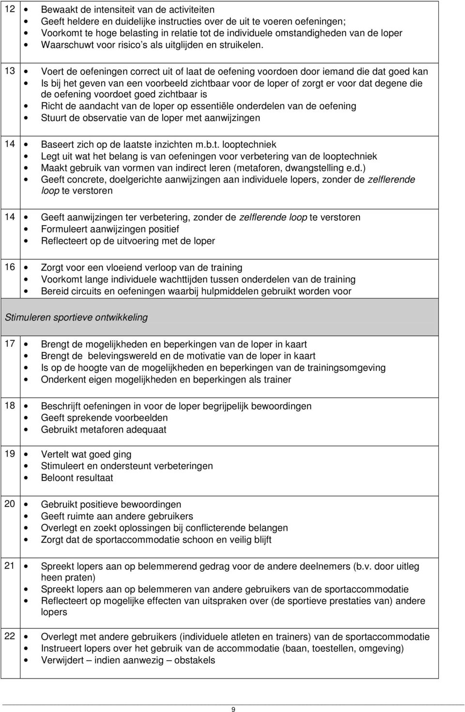 13 Voert de oefeningen correct uit of laat de oefening voordoen door iemand die dat goed kan Is bij het geven van een voorbeeld zichtbaar voor de loper of zorgt er voor dat degene die de oefening