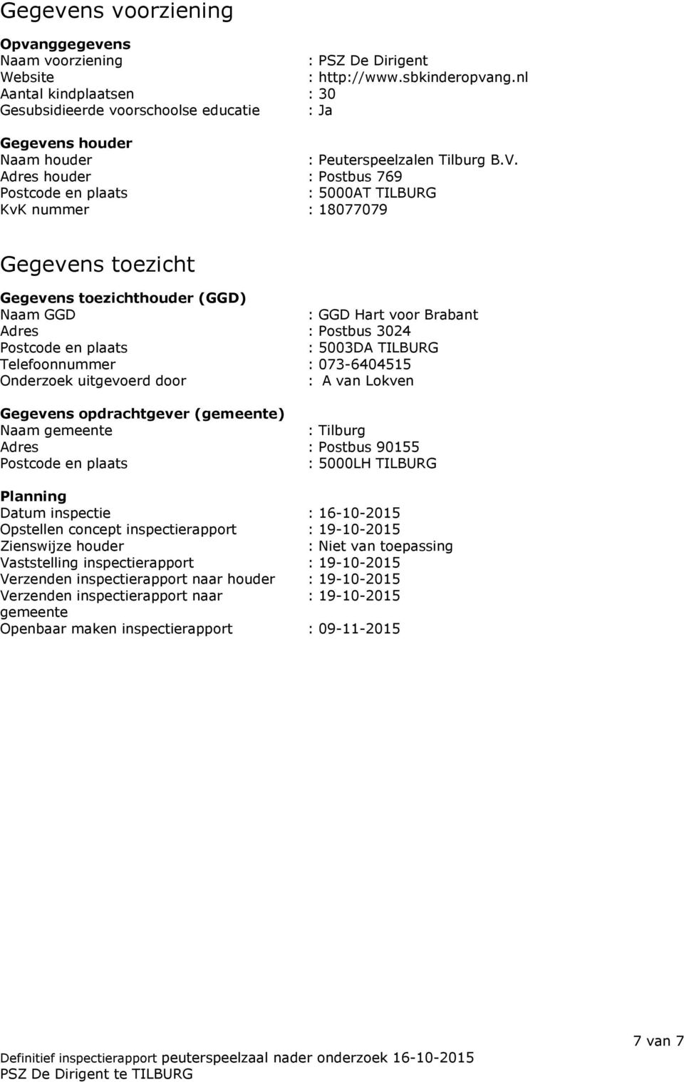 Adres houder : Postbus 769 Postcode en plaats : 5000AT TILBURG KvK nummer : 18077079 Gegevens toezicht Gegevens toezichthouder (GGD) Naam GGD : GGD Hart voor Brabant Adres : Postbus 3024 Postcode en