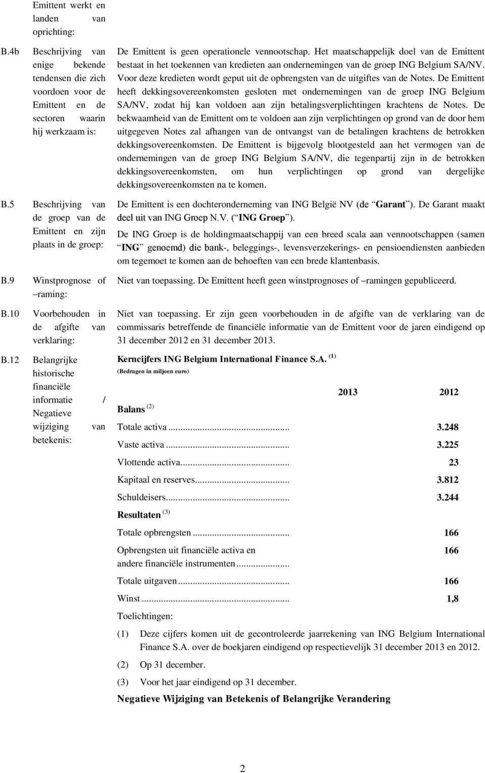 12 Belangrijke historische financiële informatie / Negatieve wijziging van betekenis: De Emittent is geen operationele vennootschap.