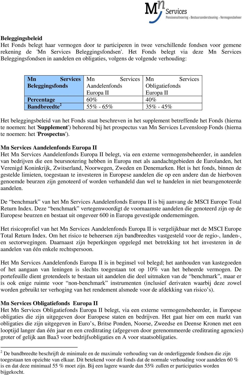 Eurpa II Percentage 60% 40% Bandbreedte 2 55% - 65% 35% - 45% Het beleggingsbeleid van het Fnds staat beschreven in het supplement betreffende het Fnds (hierna te nemen: het 'Supplement') behrend bij