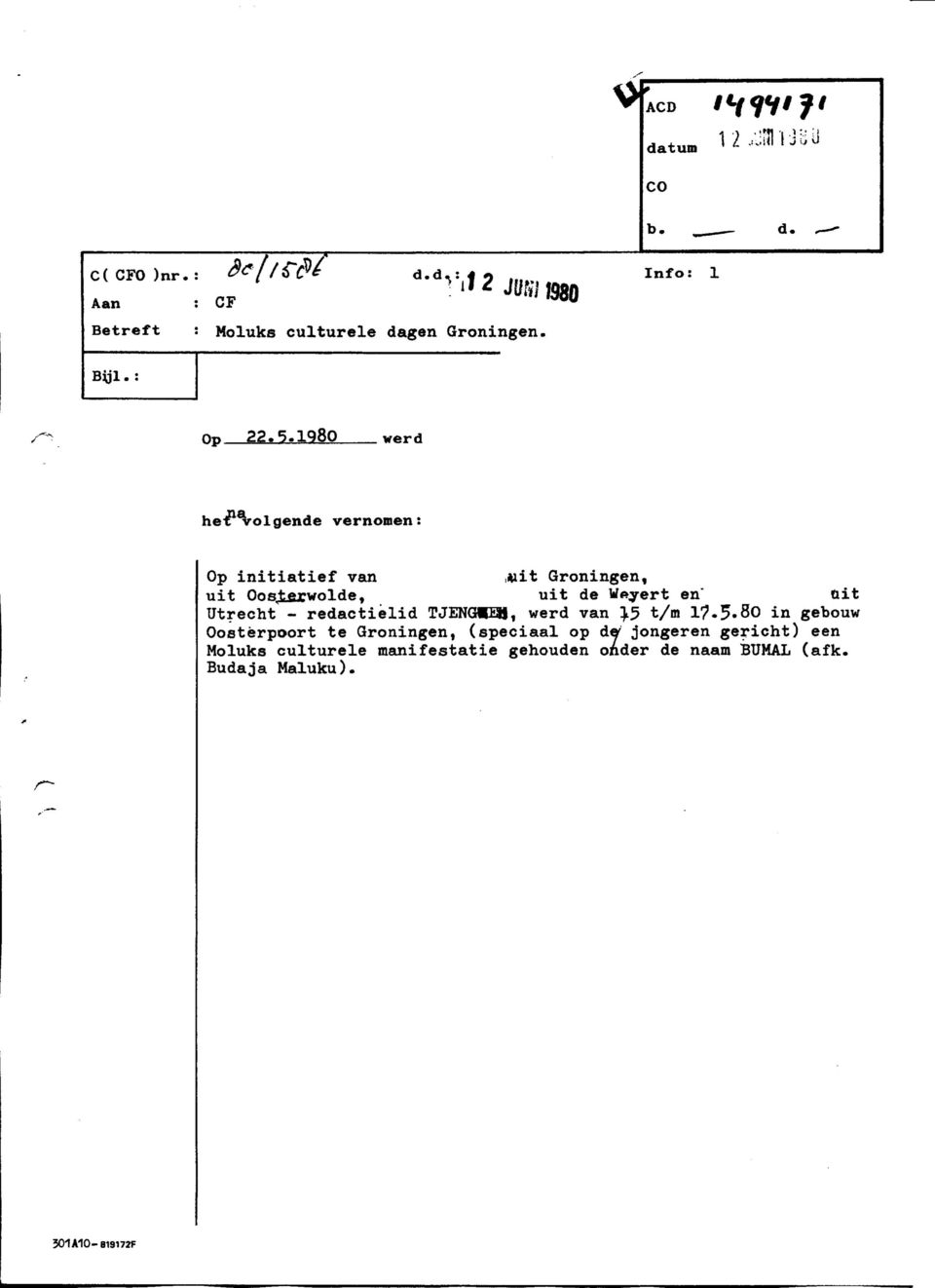 1980 werd he-ü^olgende vernomen: Op initiatief van,«it Groningen, uit Oosterwolde, uit de W*»yert en" uit Utrecht -