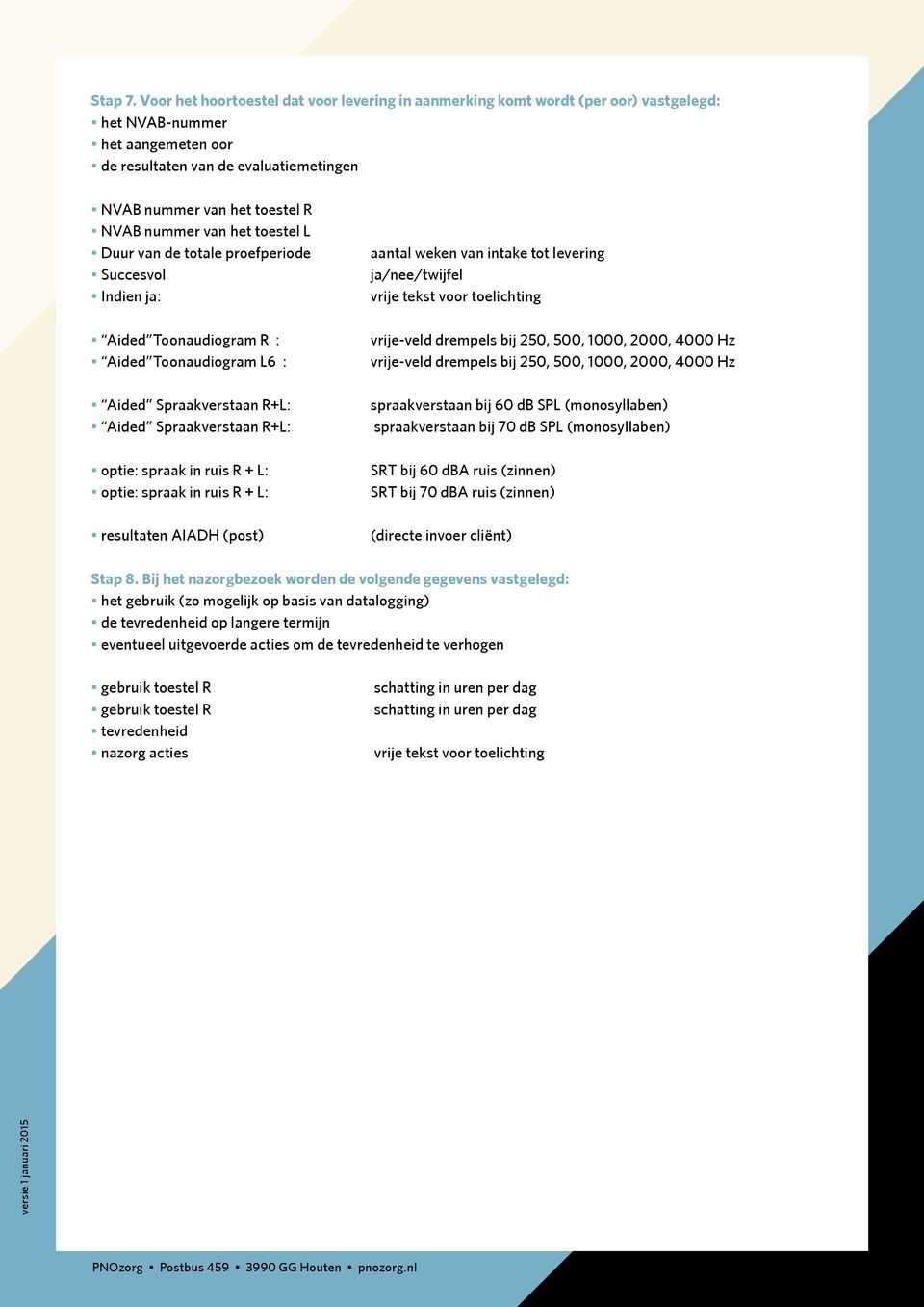 toestel L Duur van de totale proefperiode Succesvol Indien ja: Aided Toonaudiogram R : Aided Toonaudiogram L6 : Aided Spraakverstaan R+L: Aided Spraakverstaan R+L: optie: spraak in ruis R + L: optie: