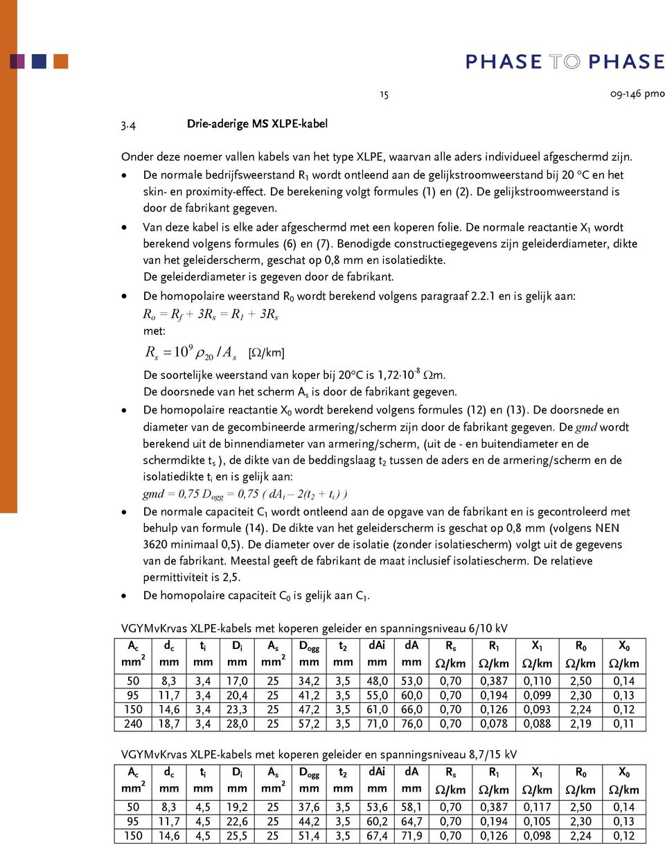 De gelijkstroomweerstand is door de fabrikant gegeven. Van deze kabel is elke ader afgeschermd met een koperen folie. De normale reactantie X 1 wordt berekend volgens formules (6) en (7).