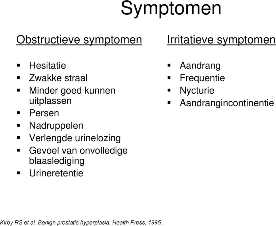 blaaslediging Urineretentie Irritatieve symptomen Aandrang Frequentie Nycturie