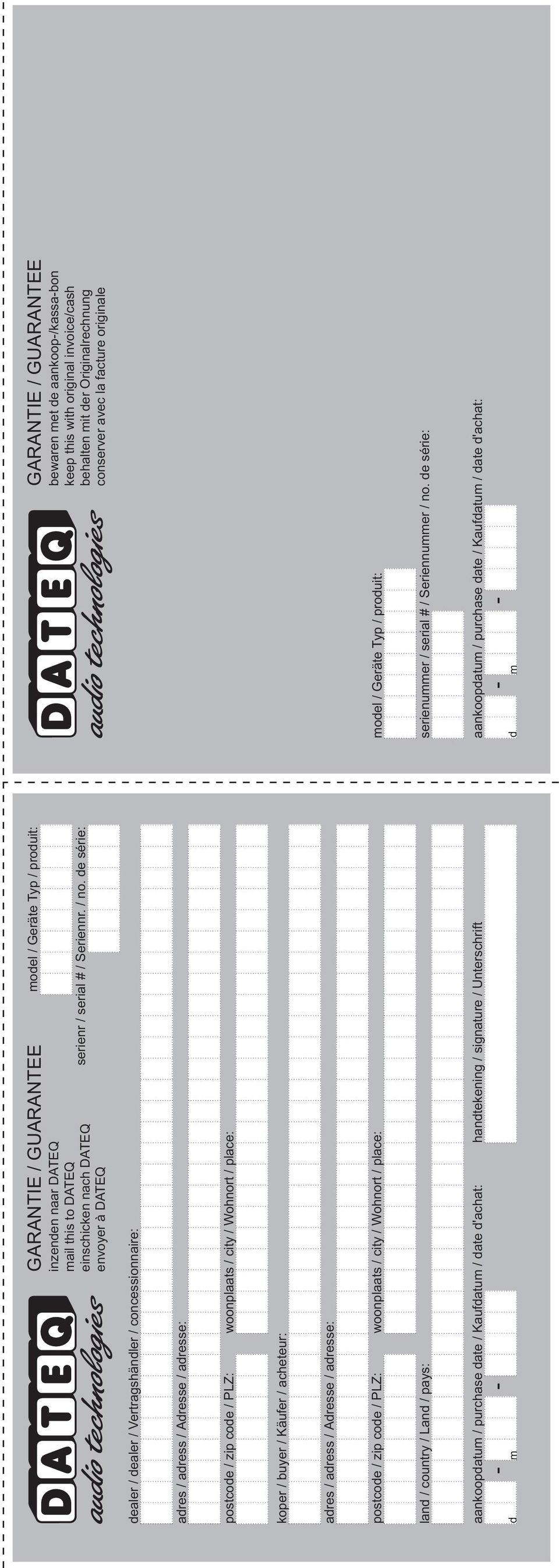 de série: behalten mit der Originalrechnung envoyer à DATEQ conserver avec la facture originale dealer / dealer / Vertragshändler / concessionnaire: adres / adress / Adresse / adresse: postcode / zip