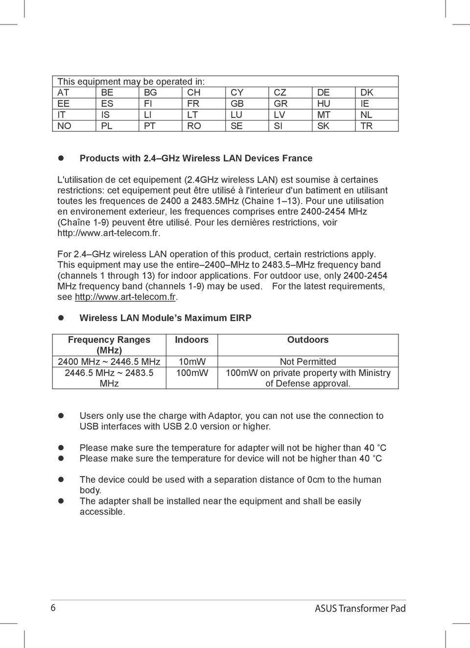 4GHz wireless LAN) est soumise à certaines restrictions: cet equipement peut être utilisé à l'interieur d'un batiment en utilisant toutes les frequences de 2400 a 2483.5MHz (Chaine 1 13).