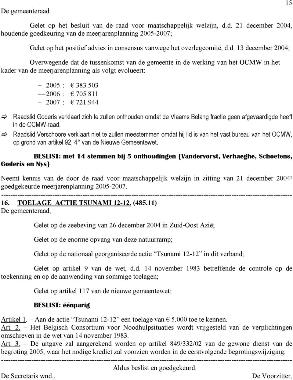 944 Raadslid Goderis verklaart zich te zullen onthouden omdat de Vlaams Belang fractie geen afgevaardigde heeft in de OCMW-raad.