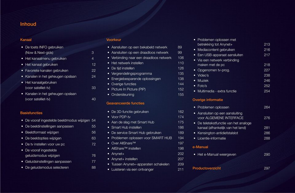 beeldopties wijzigen 63 De tv instellen voor uw pc 72 De vooraf ingestelde geluidsmodus wijzigen 76 Geluidsinstellingen aanpassen 77 De geluidsmodus selecteren 88 Voorkeur Aansluiten op een bekabeld