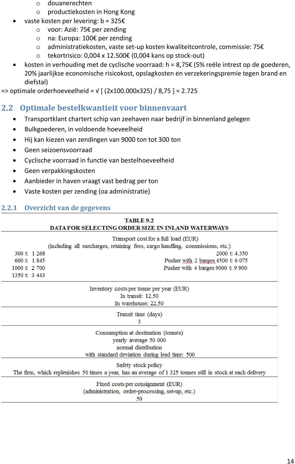 500 (0,004 kans op stock-out) kosten in verhouding met de cyclische voorraad: h = 8,75 (5% reële intrest op de goederen, 20% jaarlijkse economische risicokost, opslagkosten en verzekeringspremie