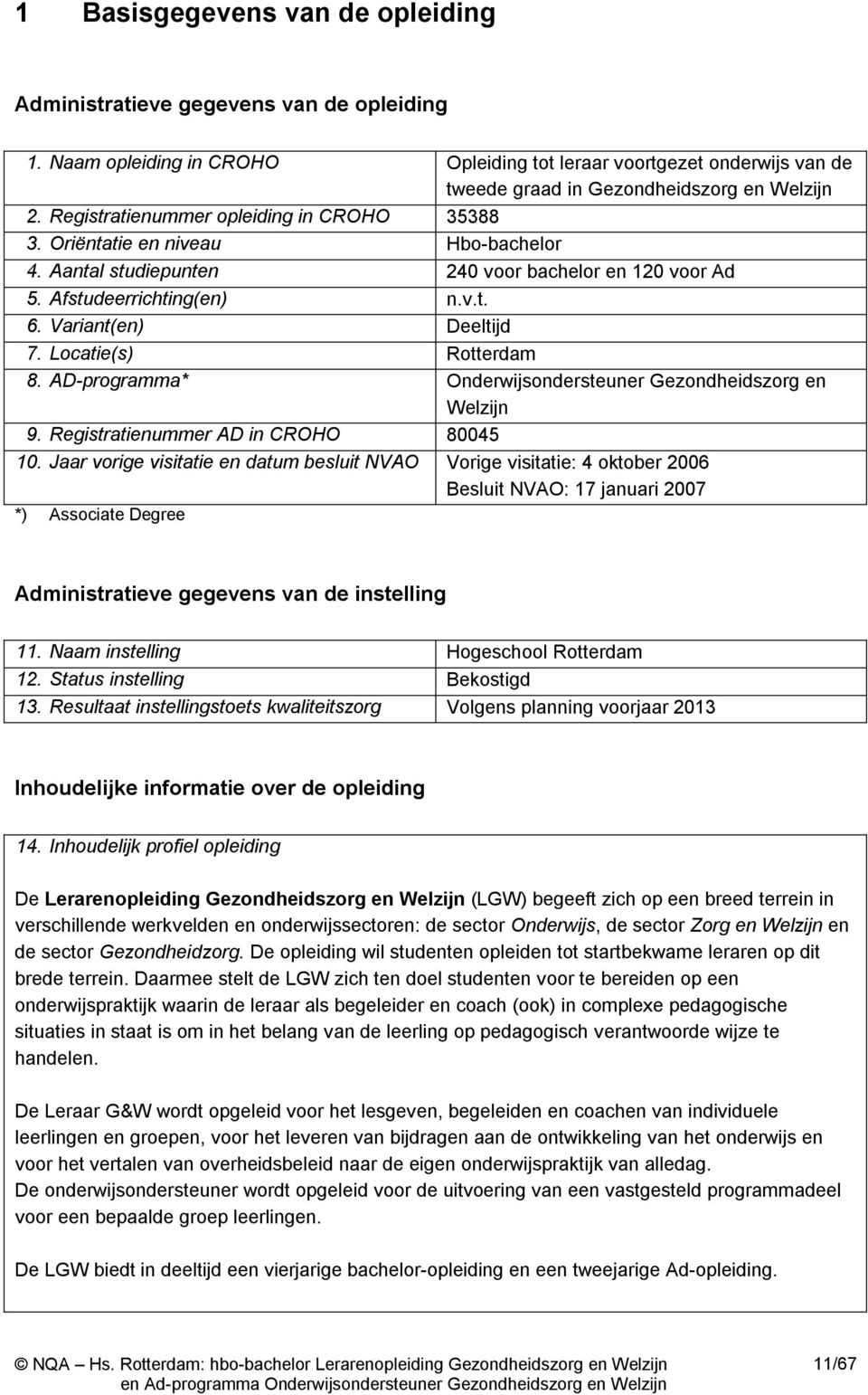 Locatie(s) Rotterdam 8. AD-programma* Onderwijsondersteuner Gezondheidszorg en Welzijn 9. Registratienummer AD in CROHO 80045 10.