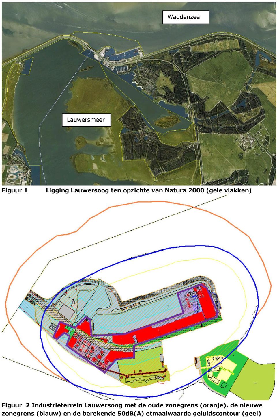 Lauwersoog met de oude zonegrens (oranje), de nieuwe zonegrens