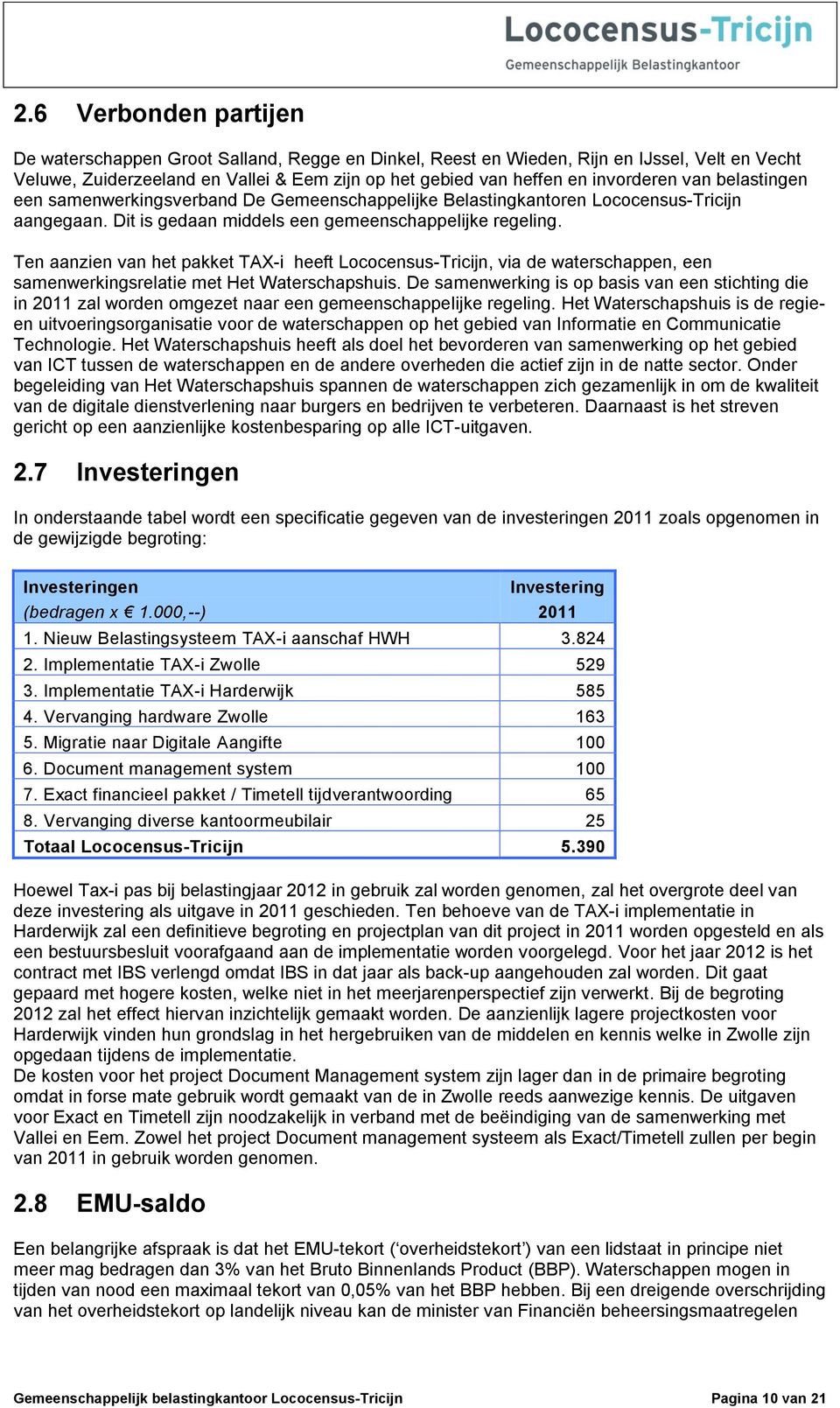 Ten aanzien van het pakket TAX-i heeft Lococensus-Tricijn, via de waterschappen, een samenwerkingsrelatie met Het Waterschapshuis.