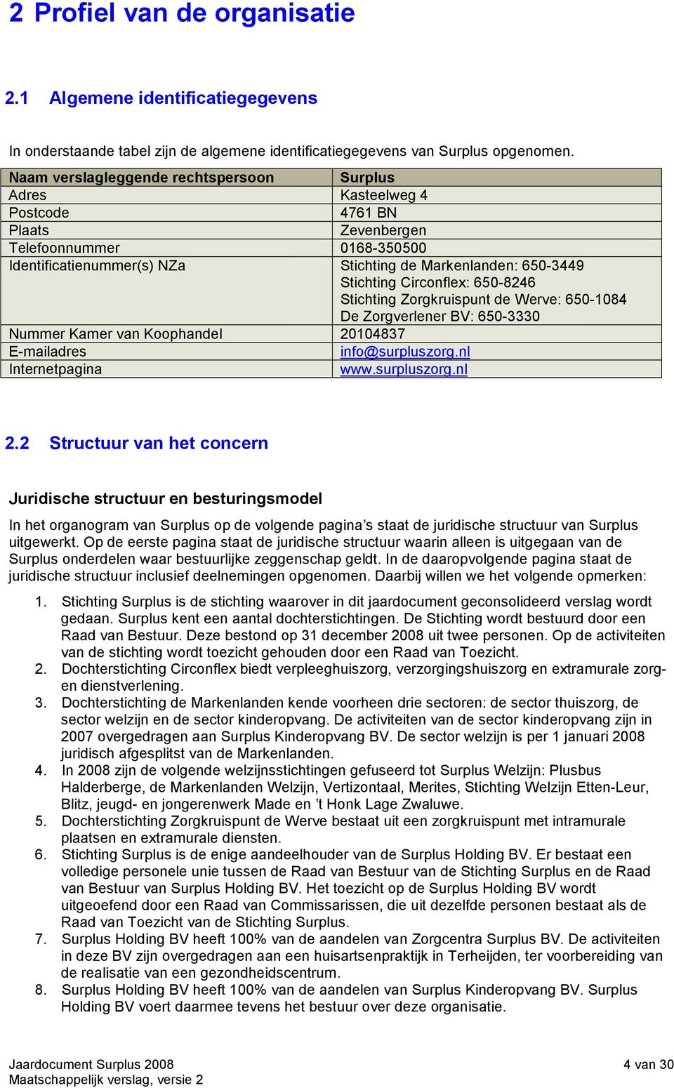 Circonflex: 650-8246 Stichting Zorgkruispunt de Werve: 650-1084 De Zorgverlener BV: 650-3330 Nummer Kamer van Koophandel 20104837 E-mailadres info@surpluszorg.nl Internetpagina www.surpluszorg.nl 2.