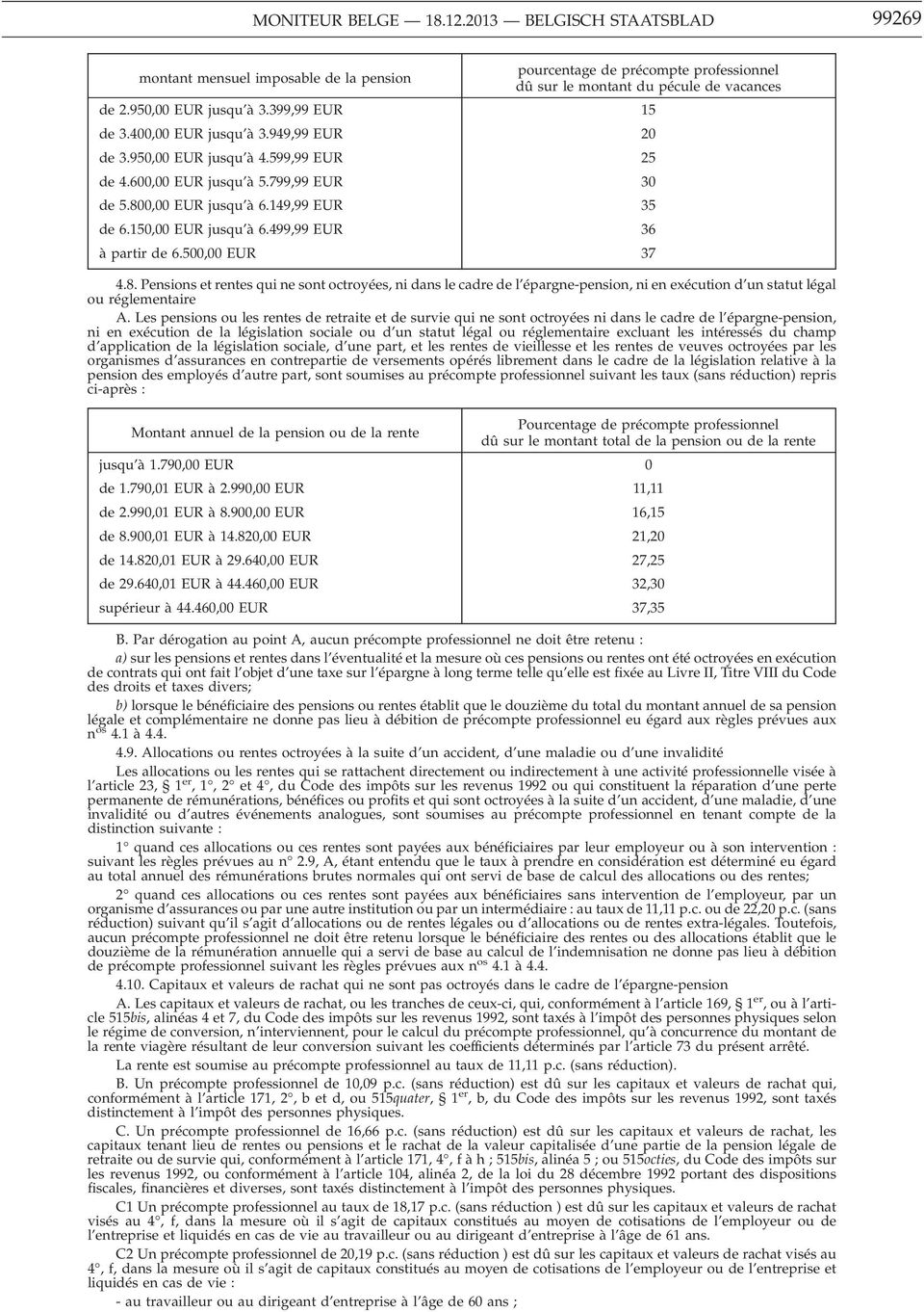 499,99 EUR 36 à partir de 6.500,00 EUR 37 4.8. Pensions et rentes qui ne sont octroyées, ni dans le cadre de l épargne-pension, ni en exécution d un statut légal ou réglementaire A.