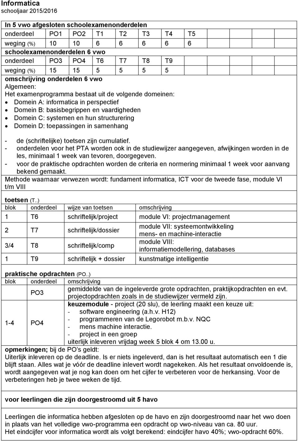 (schriftelijke) toetsen zijn cumulatief. - onderdelen voor het PTA worden ook in de studiewijzer aangegeven, afwijkingen worden in de les, minimaal 1 week van tevoren, doorgegeven.