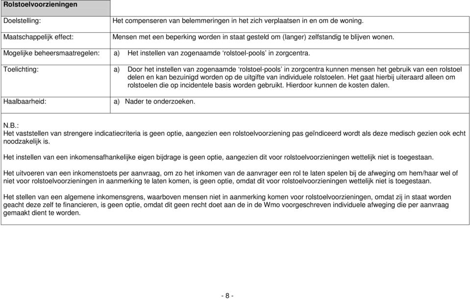 Toelichting: a) Door het instellen van zogenaamde rolstoel-pools in zorgcentra kunnen mensen het gebruik van een rolstoel delen en kan bezuinigd worden op de uitgifte van individuele rolstoelen.