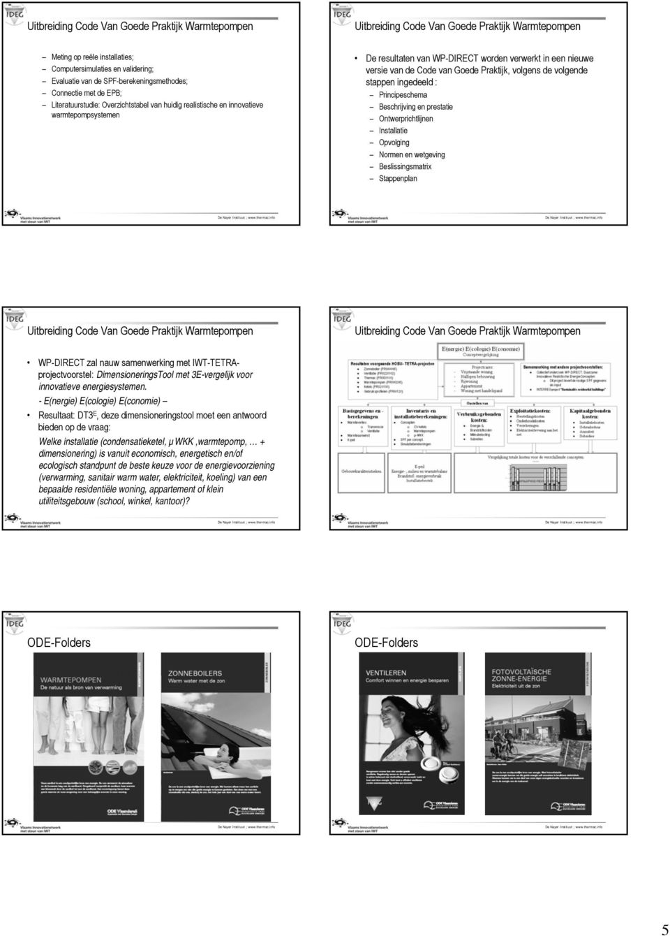 prestatie Ontwerprichtlijnen Installatie Opvolging Normen en wetgeving Beslissingsmatrix Stappenplan WP-DIRECT zal nauw samenwerking met IWT-TETRAprojectvoorstel: DimensioneringsTool met 3E-vergelijk